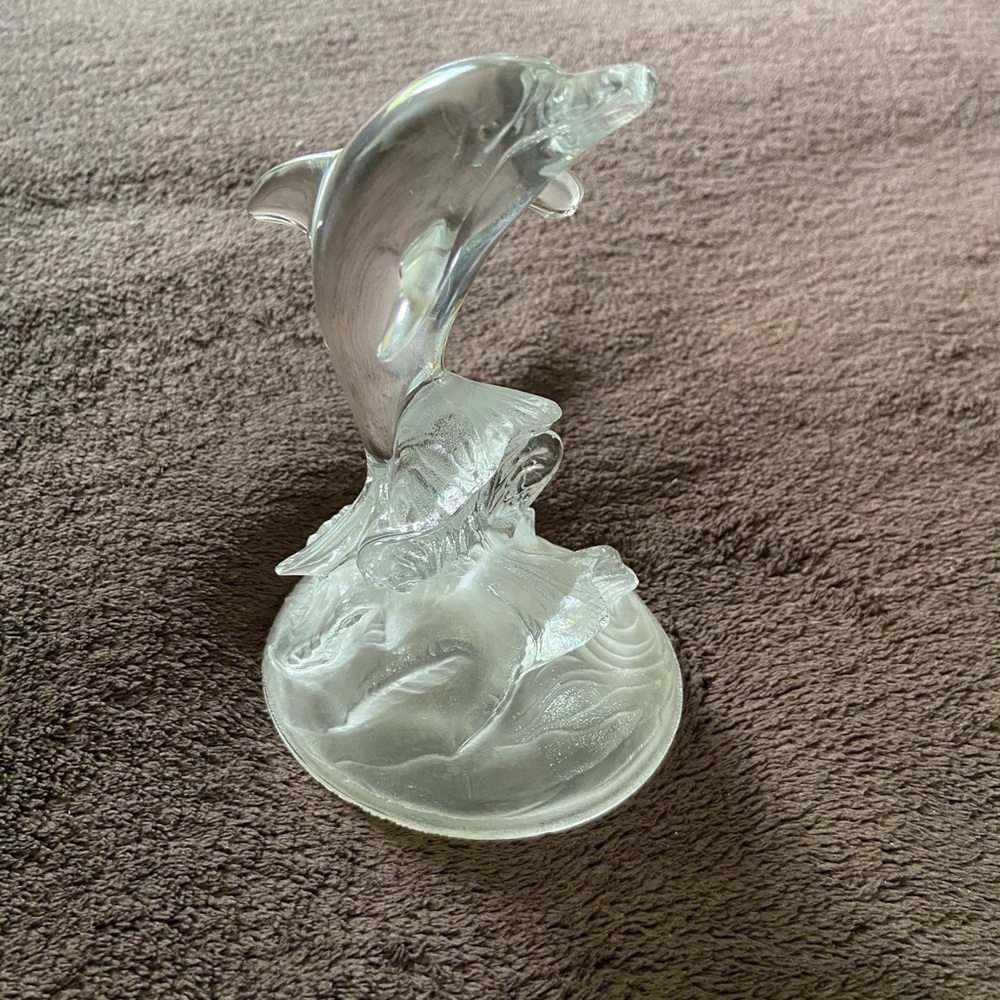 Genuine lead crystal dolphin on the wave statue
